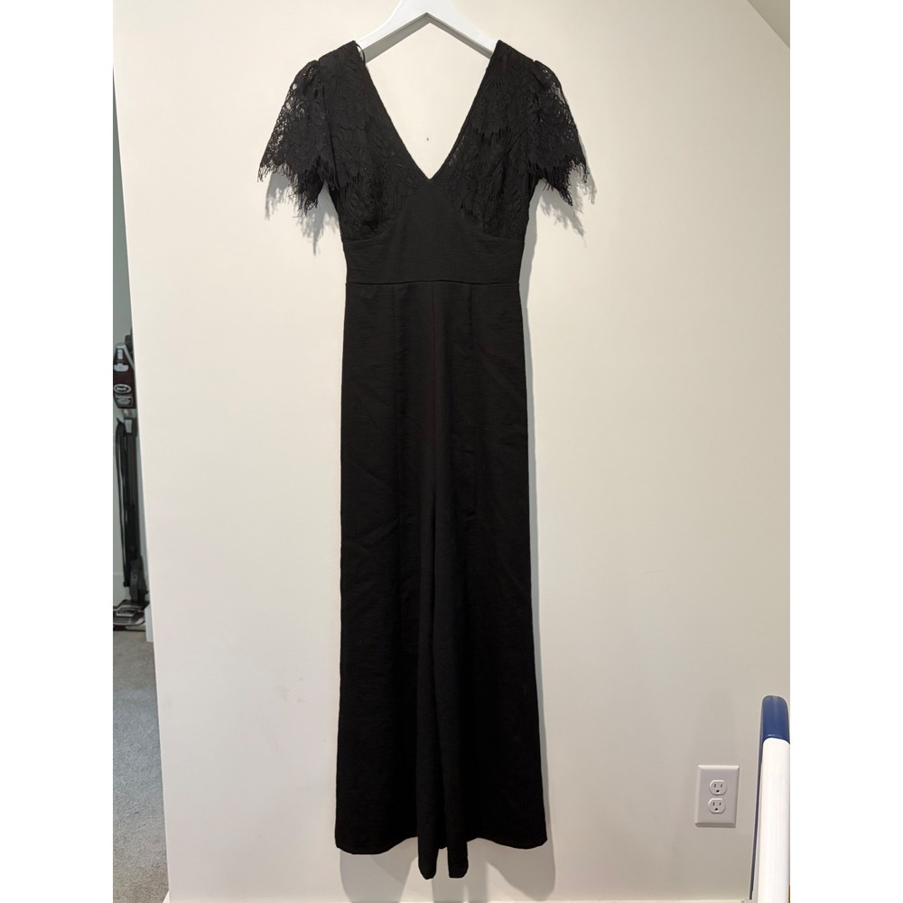 June & Hudson Black Lace V-Neck Wide Leg Jumpsuit XS Short Sleeve Tie Back